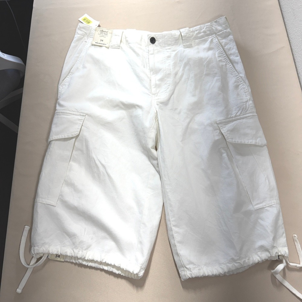 Baird McNutt Murano Linen Blend Cargo Utility Shorts 34 Cream Drawstring Hem NWT